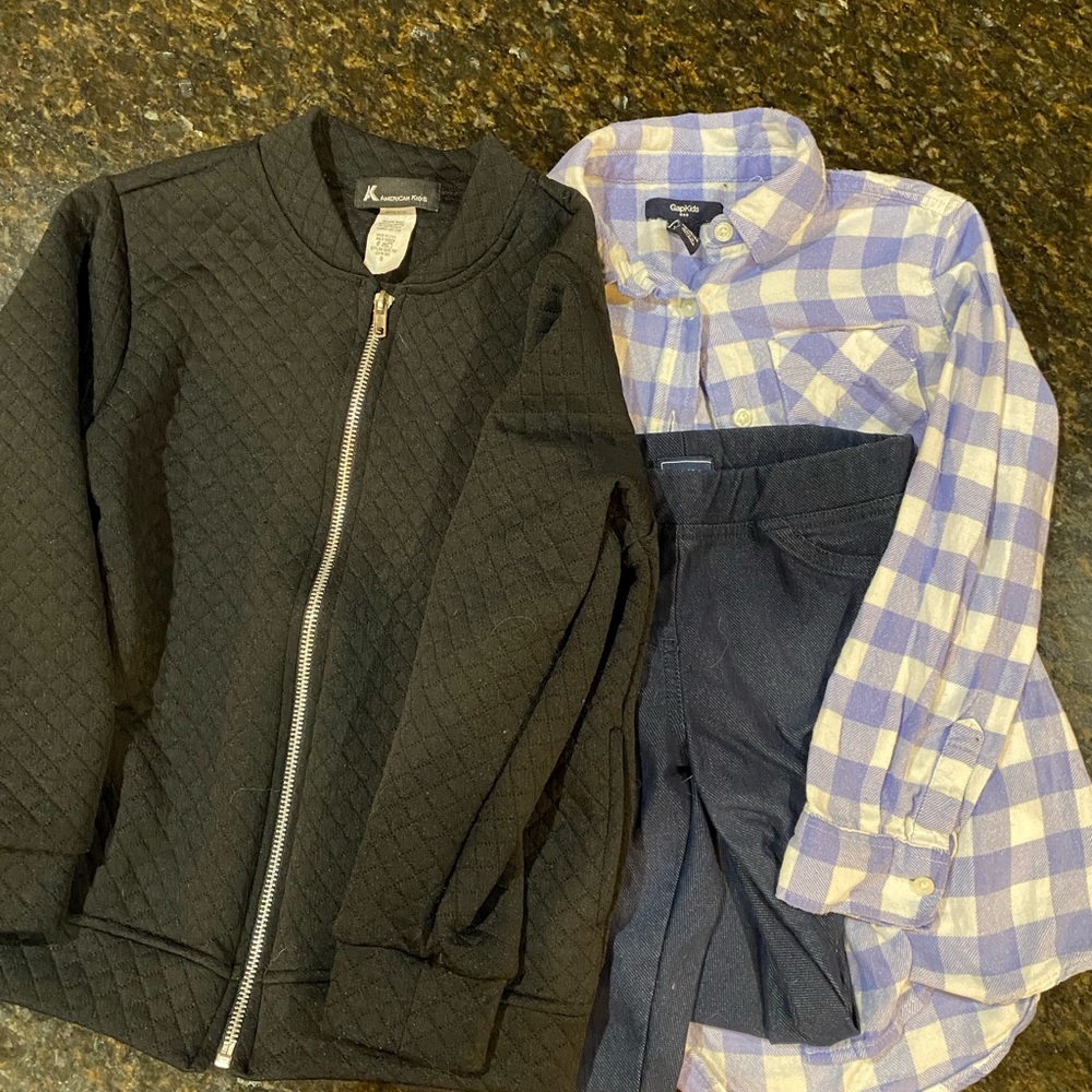 Fall outfit. Gap flannel shirt and jeans American kids jacket